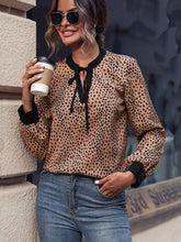 Animal Print Contrast Trim Tie Front Blouse Taupe OutfitFlow