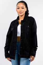American Bazi Full Size Button Up Distressed Denim Jacket Black OutfitFlow
