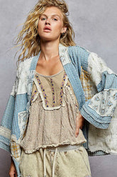 POL Floral Patches Open Front Cardigan Sky Blue OutfitFlow