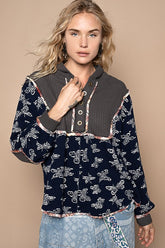 POL Butterfly Waffle-Knit Half Button Hooded Knit Top Black OutfitFlow