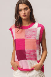 BiBi Color Block Round Neck Sweater Vest Fuchsia Combo OutfitFlow