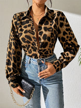 Leopard Collared Neck Long Sleeve Shirt Caramel OutfitFlow