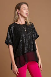 Umgee Sequin Half Sleeve Layered Blouse Black OutfitFlow