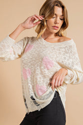 Kori America Heart Pattern Distressed Sweater PINK CREAM OutfitFlow