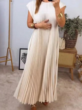 Full Size Pleated Round Neck Maxi Dress Plus Size Cream OutfitFlow