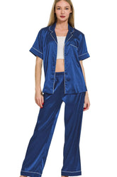Zenana Satin Short Sleeve Top and Pants Pajama Set LT NAVY OutfitFlow