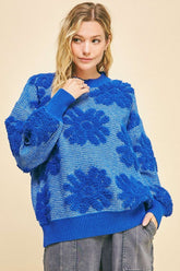 Davi & Dani Flower Texture Round Neck Dropped Shoulder Sweater Blue OutfitFlow