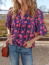 Floral Half Sleeve Split Neck Blouse Top Plum Purple OutfitFlow