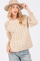 SAGE + FIG Cable-Knit Long Sleeve Sweater Natural OutfitFlow