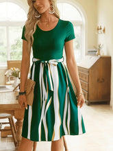 Striped Short Sleeve Tie Waist Dress Green OutfitFlow