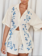Embroidered Button Up Half Sleeve Top and Shorts Set Cream OutfitFlow