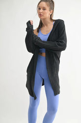 MONO B Chunky Waffle Mineral Wash Hooded Open Cardigan Black OutfitFlow