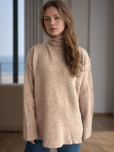Side Slit Turtleneck Long Sleeve Sweater Camel One Size OutfitFlow