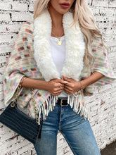 Fringe Fuzzy Open Front Poncho Cream One Size OutfitFlow