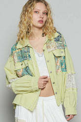 POL Printed Woven Mix Raw Hem Jacket with Lace Detail Sage OutfitFlow