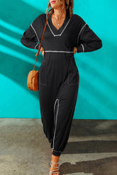 Contrast Stitching Pocketed Dropped Shoulder Jumpsuit Black OutfitFlow