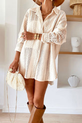 Lace Crochet Collared Neck Oversized Shirt Beige OutfitFlow