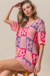 BiBi Flower Checker Pattern Short Sleeve Sweater Pink Periwinkle Fuchsia OutfitFlow