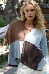 POL Color Block Notched Long Sleeve T-Shirt Light Blue OutfitFlow