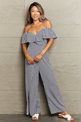 Perfee Striped Spaghetti Strap Cold-Shoulder Jumpsuit Stripe OutfitFlow