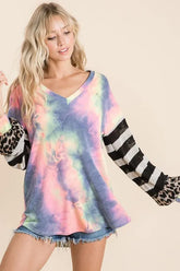BiBi Tie Dye V Neck Top with Stripe Puff Sleeves CHARCOAL TIEDYE OutfitFlow