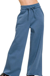 Zenana Fleece Exposed Seam Wide Leg Sweatpants DUSTY BLUE OutfitFlow