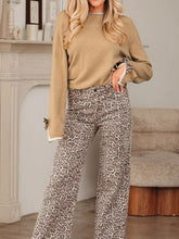 Leopard Bow Decor Split Cuff Contrast Trim Sweater Tan OutfitFlow