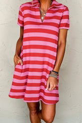 Casual Striped Polo Collar T-Shirt Dress Hot Pink OutfitFlow