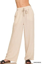 Zenana Woven Crepe Elastic Band Pants SAND BEIGE OutfitFlow