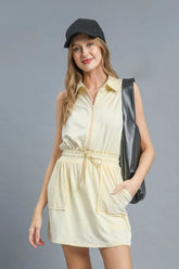 Umgee Zip Front Drawstring Waist Sleeveless Dress Pastel Yellow OutfitFlow