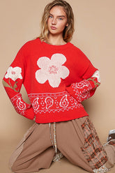 POL Flower Lace Patch Long Sleeve Sweater Red OutfitFlow