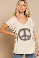 POL Peace Sign Studded V-Neck T-Shirt Cream OutfitFlow