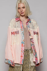 POL Lace Patchwork Floral Trim Long Sleeve Shirt Blush Pink OutfitFlow