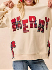 MERRY Bow Slit Crew Neck Christmas Sweatshirt OutfitFlow