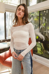 BiBi Textured Sheer Boat Neck Top OutfitFlow