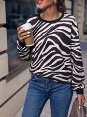 Zebra Print Round Neck Casual Sweatshirt OutfitFlow