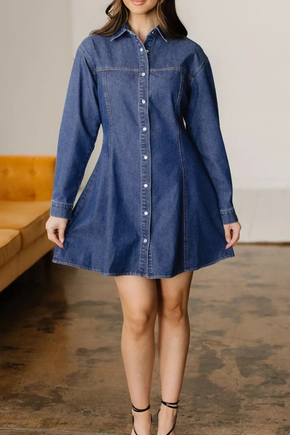 Denim Shirt Collar Long Sleeve Flared Mini Dress Trendsi