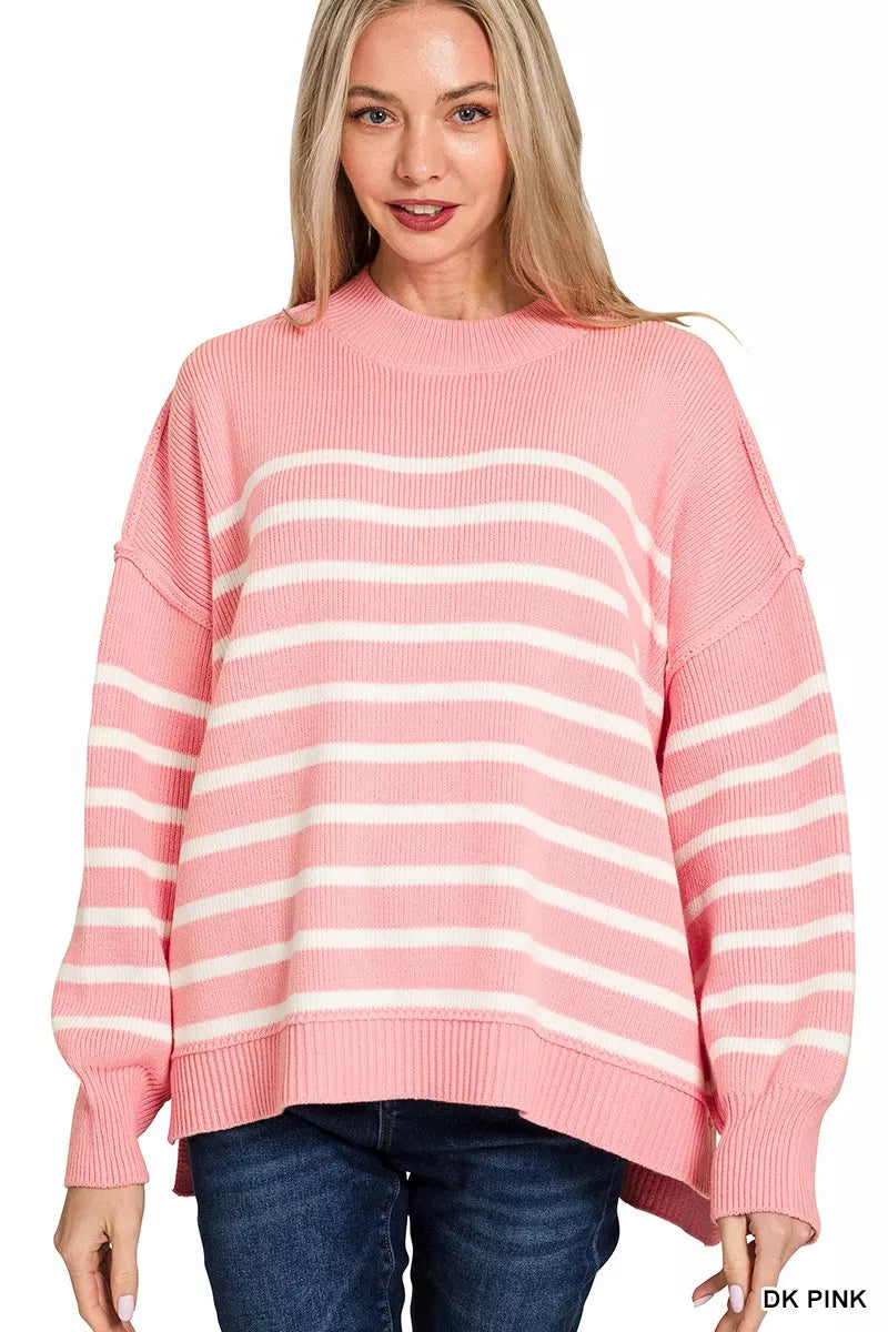 Zenana Exposed Seam Striped Oversized Sweater OutfitFlow