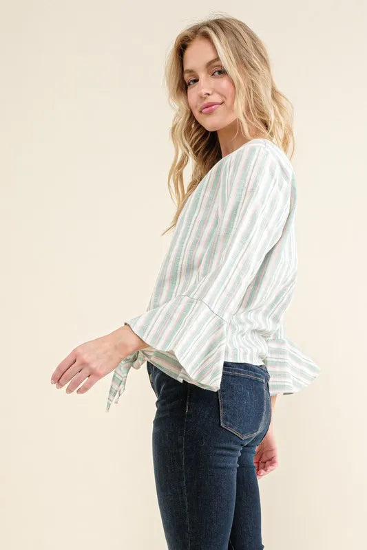 And The Why Stripe Tie Knot Front Bell Sleeve Top OutfitFlow