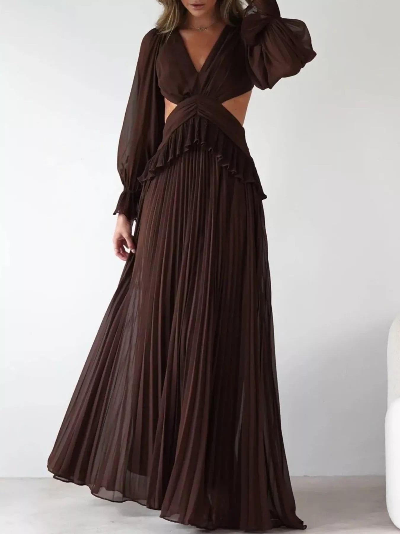 Backless Pleated Long Sleeve Maxi Dress OutfitFlow