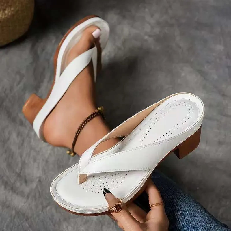 Chunky Heel Toe Post Sandals White OutfitFlow