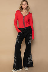 Outfit Flow - POL Raw Hem Embroidered Flare Pants