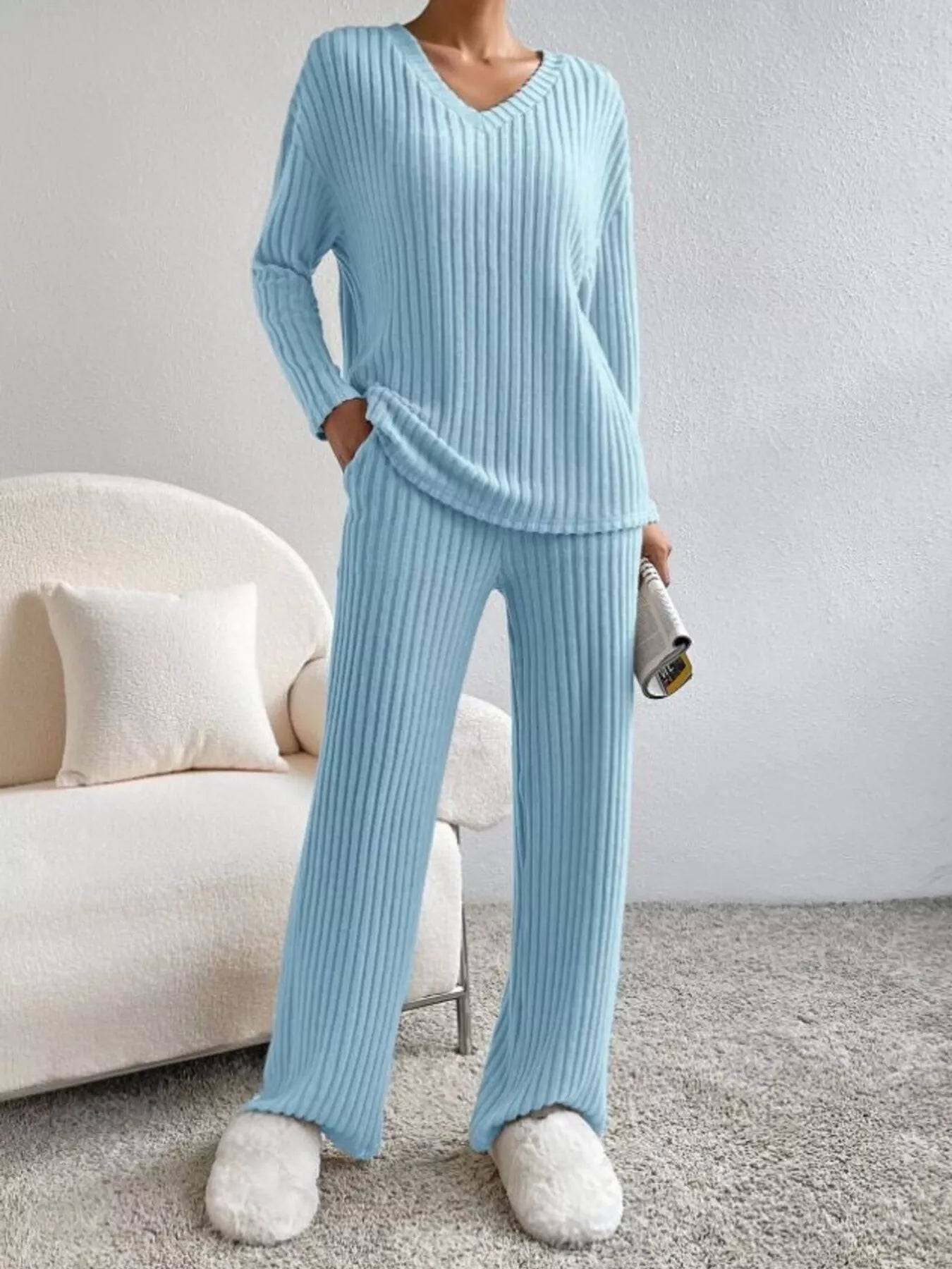 Ribbed Knit V-Neck Top and Pants Set OutfitFlow