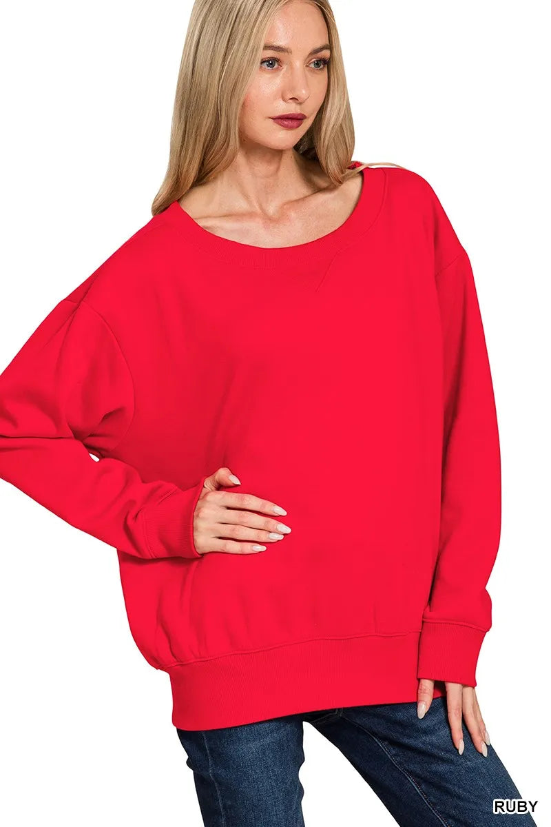 Zenana Fleece Boat Neck Sweatshirt RUBY OutfitFlow