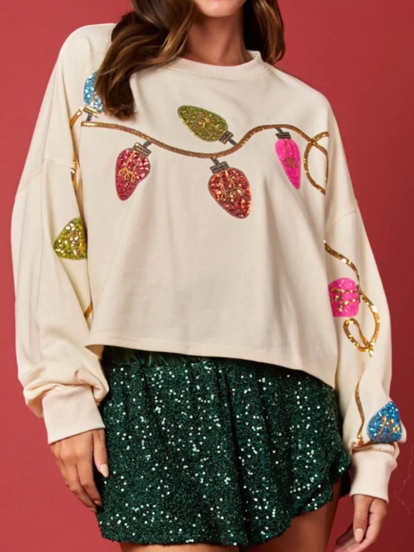 Christmas Holiday Lights Sequin Embellished Sweatshirt OutfitFlow