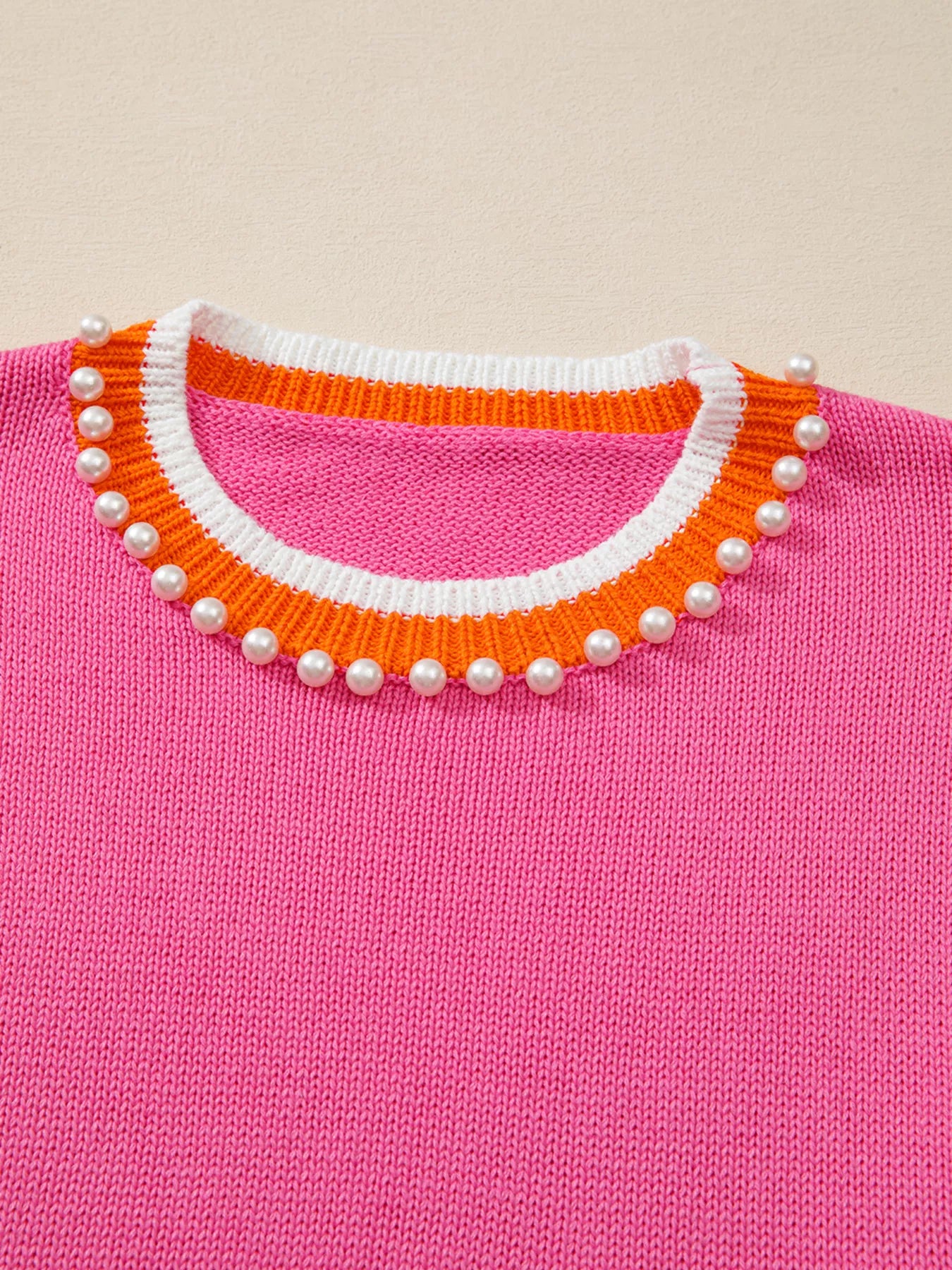 Contrast Crew Neck Pearled Decor Drop Shoulder Knit Sweater OutfitFlow