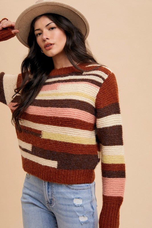 Annie Wear Color Block Round Neck Long Sleeve Sweater