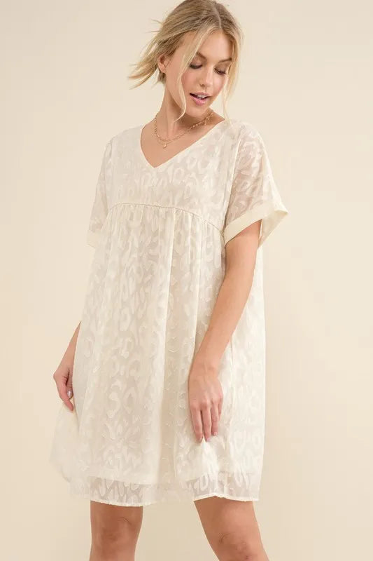 And The Why Woven Leopard Baby Doll Roll-Sleeve Casual Dress OutfitFlow