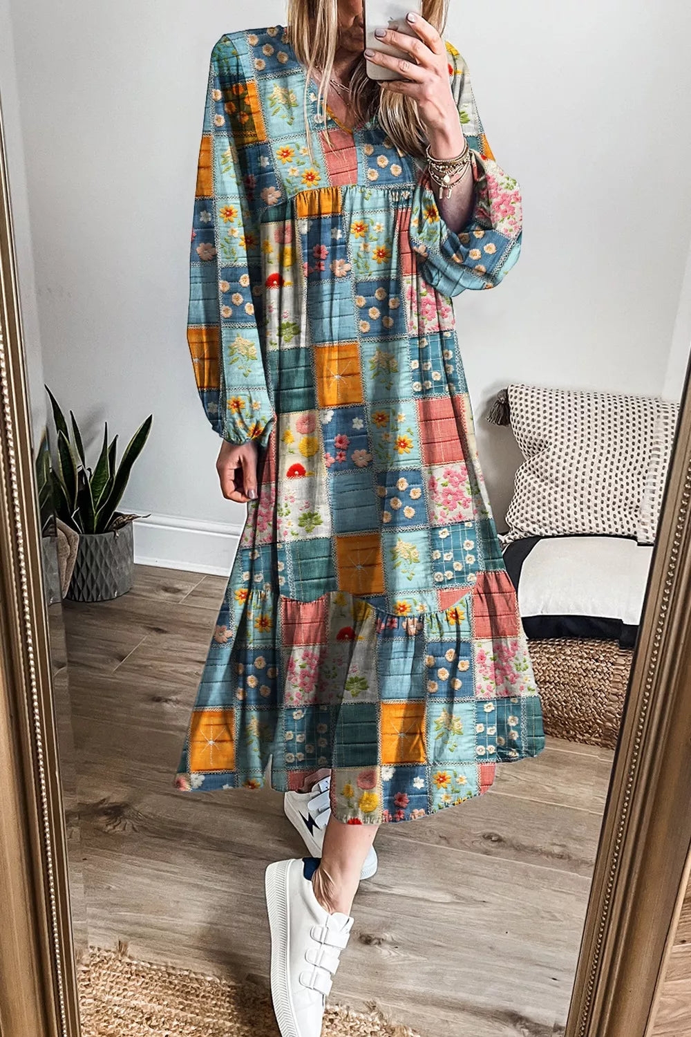 Floral Checkered V-Neck Dress OutfitFlow