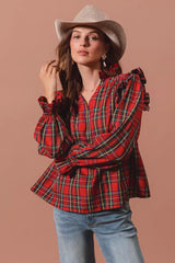 SO ME Christmas Checkered Plaid Smocked Blouse OutfitFlow